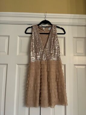 Badgley Mischka Taupe Sequin & Tiered Mini Dress